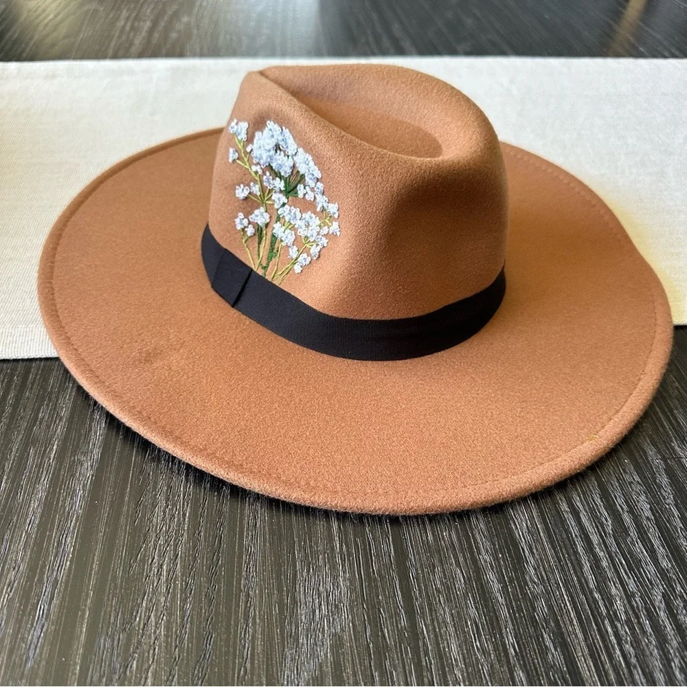 Lulus Classic Brown and Black Wide-Brimmed Felt Fedora, Floral Hand-Embroidered